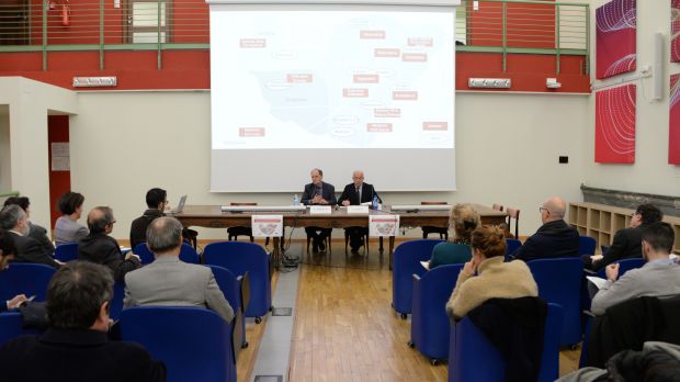 Firma del protocollo d'intesa Università e Politecnico di Torino nella sede del Contamination Lab: da sx Guido Saracco (Rettore PoliTo), Gianmaria Ajani (Rettore UniTo)
